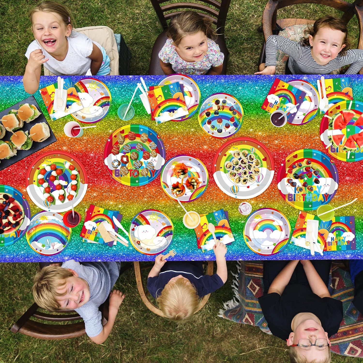 Rainbow Birthday Party Supplies Rainbow Theme Party Decorations for Boy, Include Tablecloth Banner Plate Napkin Cups