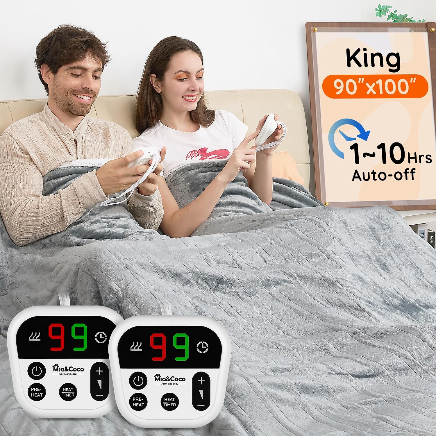 Electric Blanket King -90"x100" Dual Control Flannel Heated Blanket, 10 Heat Levels, 10-Hour Auto-Off, Fast Heating