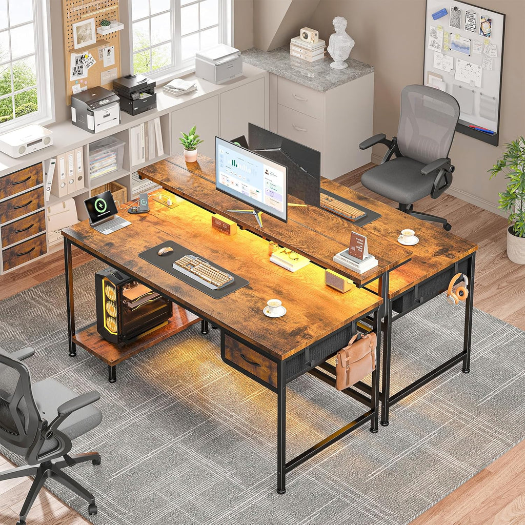 39.3Inch Office Desk with Power Outlet & Drawer, Gaming Desk with CPU Stand& LED Lights,Computer Desk with Ergonomic