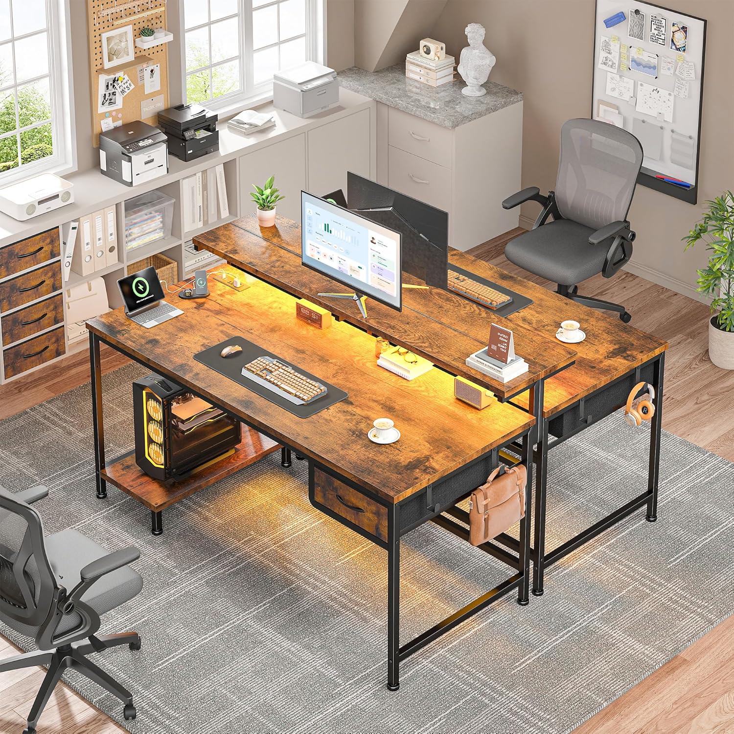39.3Inch Office Desk with Power Outlet & Drawer, Gaming Desk with CPU Stand& LED Lights,Computer Desk with Ergonomic