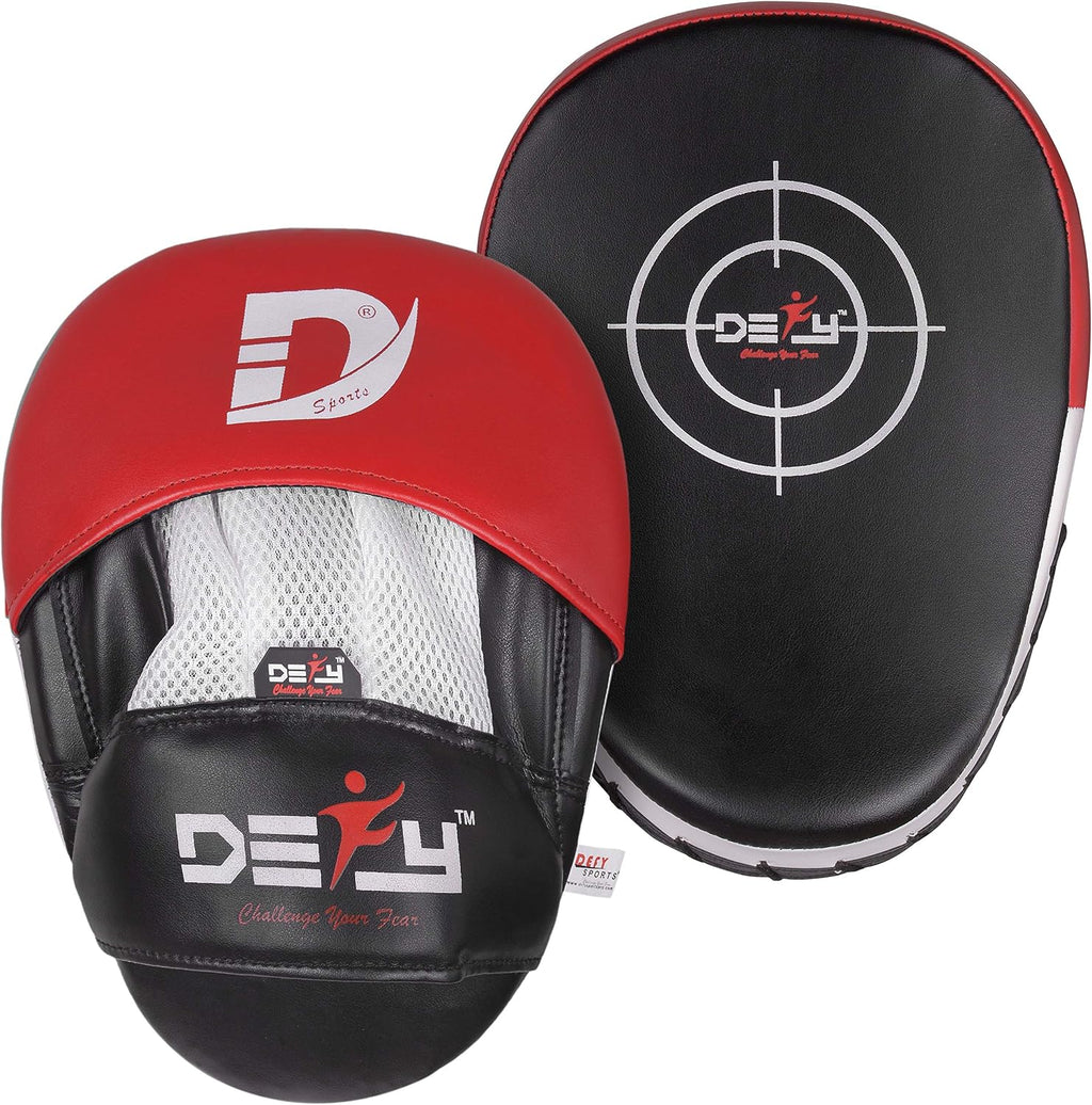 DEFY MMA Muay Thai Boxing Focus Mitts – Premium Leather Hook & Jab Punching Pads - Curved Focus Mitts for Strike &