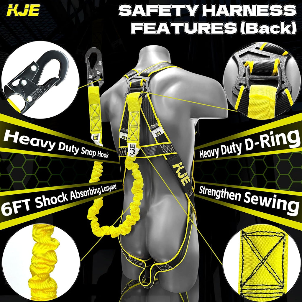 Safety Harness Fall Protection Kit - Construction Roof Full Body Harness With 6FT Shock Absorbing Lanyard & Snap
