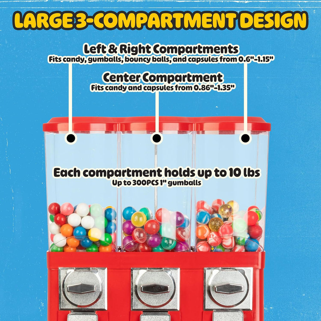 Popcorn 3 Compartment Gumball Machine, Red