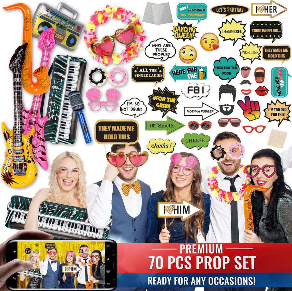 70 Pc Large Premium Photo Booth Props Set for All Occasions - Wedding Props, Birthday Props, Graduation Prop