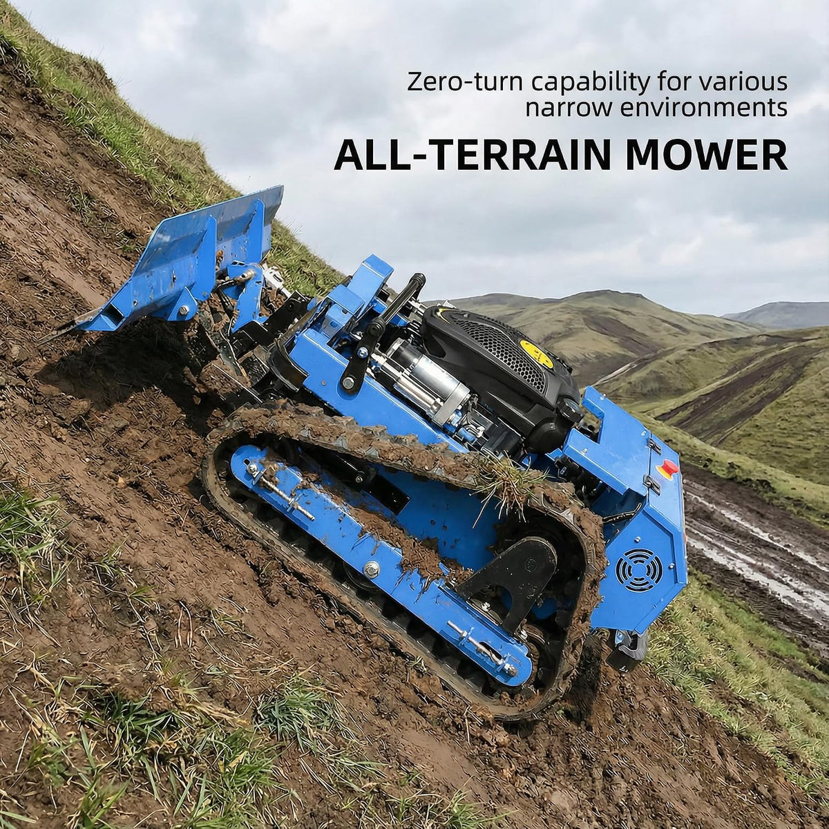 Remote Control Lawn Mower with Snow Plow, Crawler Track All-Terrain System, Hybrid Oil-Electric Power for Steep