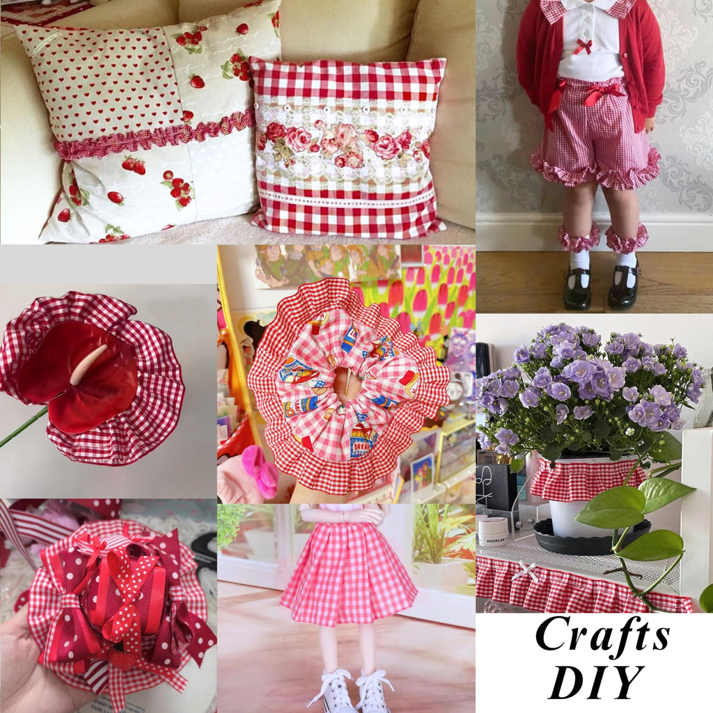 Red Gingham Ruffle Trim, 1.67 Inch x 5 Yards, Gathered Ribbon