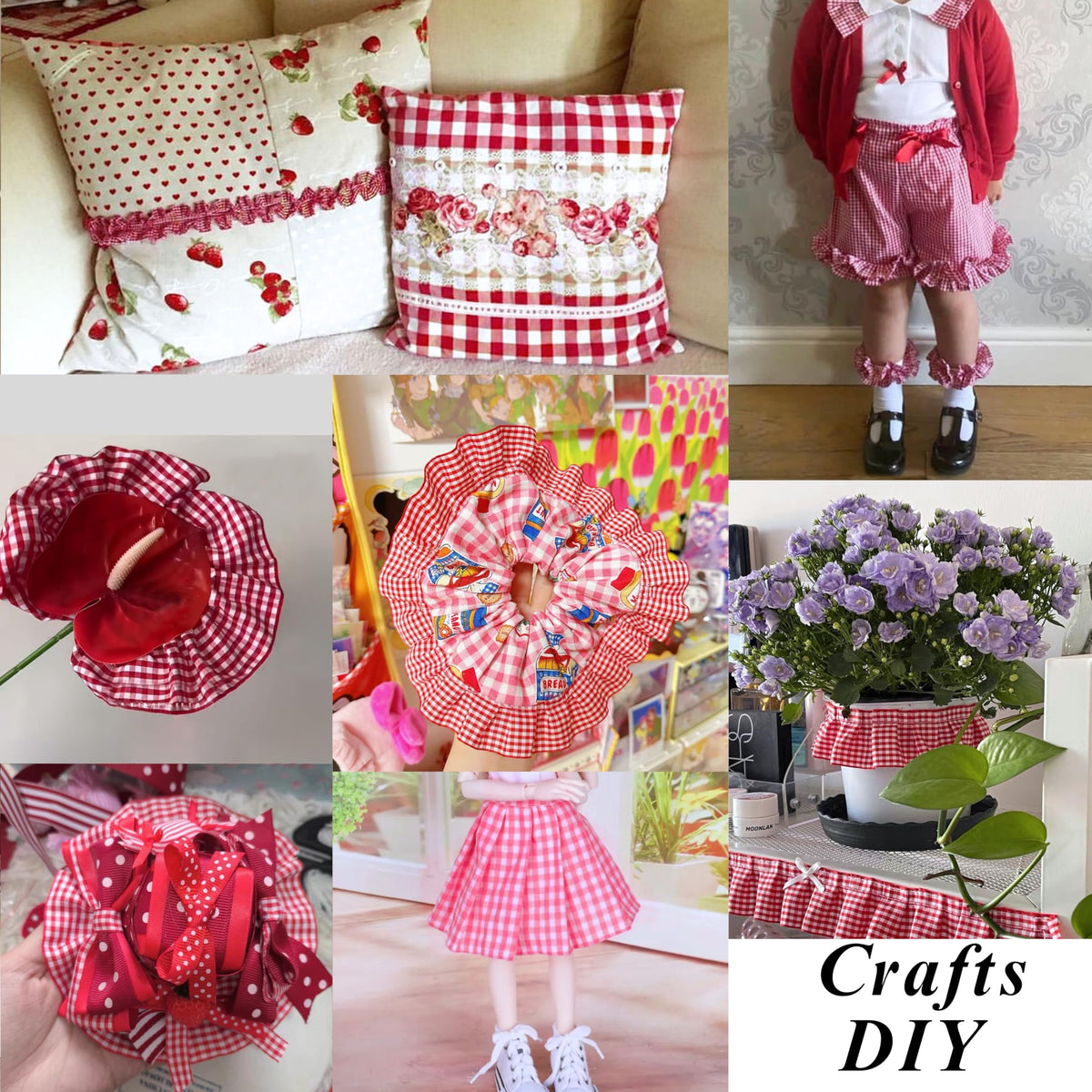 Red Gingham Ruffle Trim, 1.67 Inch x 5 Yards, Gathered Ribbon