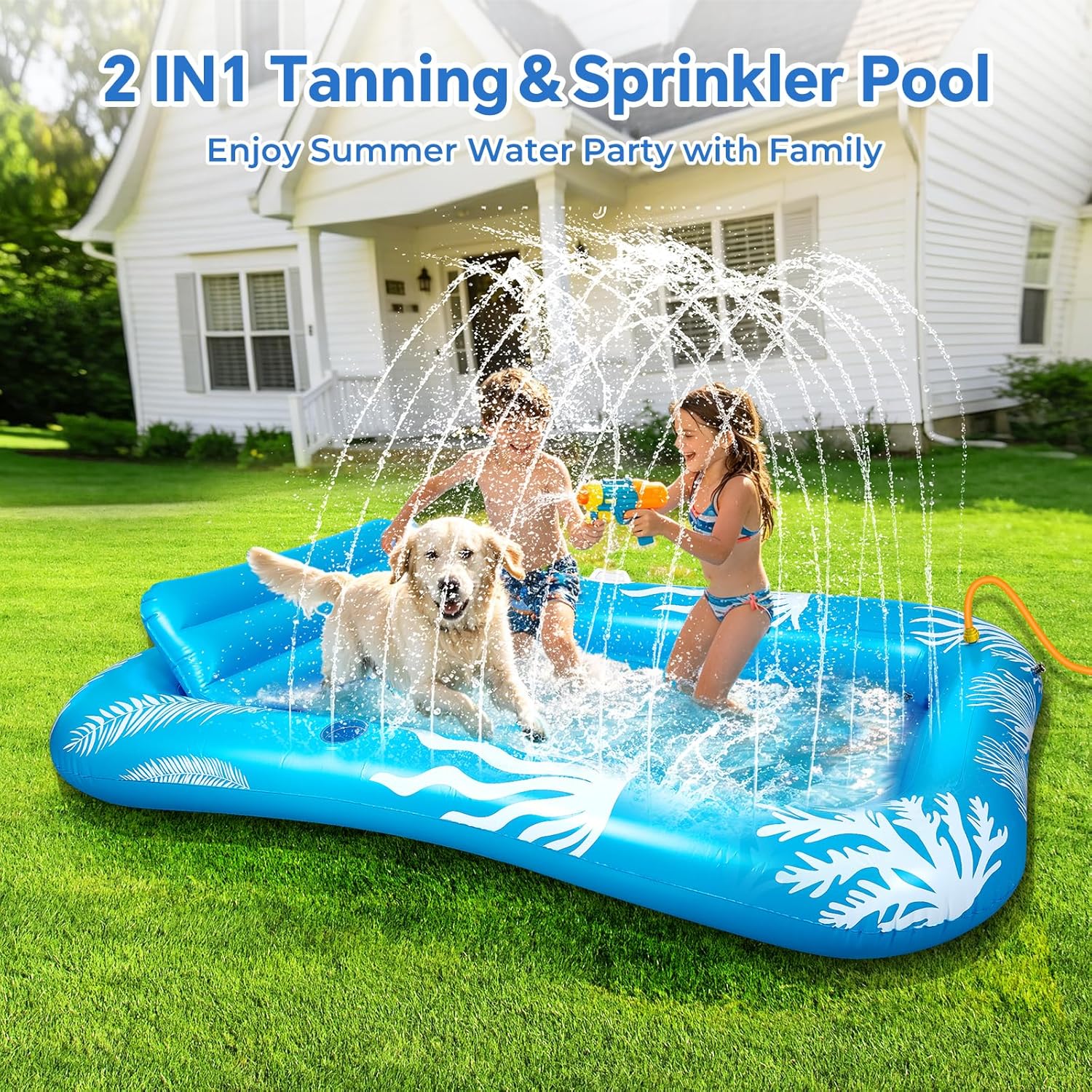 Inflatable Tanning Pool Lounger Float with Sprinkler-6 in 1 Suntan Tub Raft Floatie with Drink Holder Sunbathing