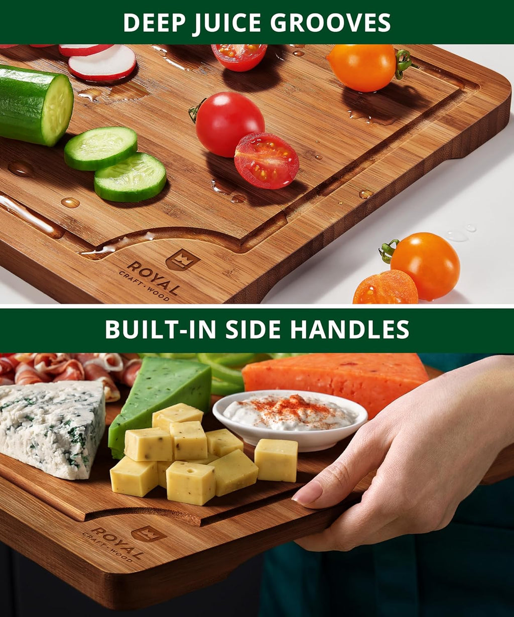 Wooden Cutting Boards for Kitchen Meal Prep & Serving - Non Toxic Bamboo Wood Cutting Board Set with Deep Juice