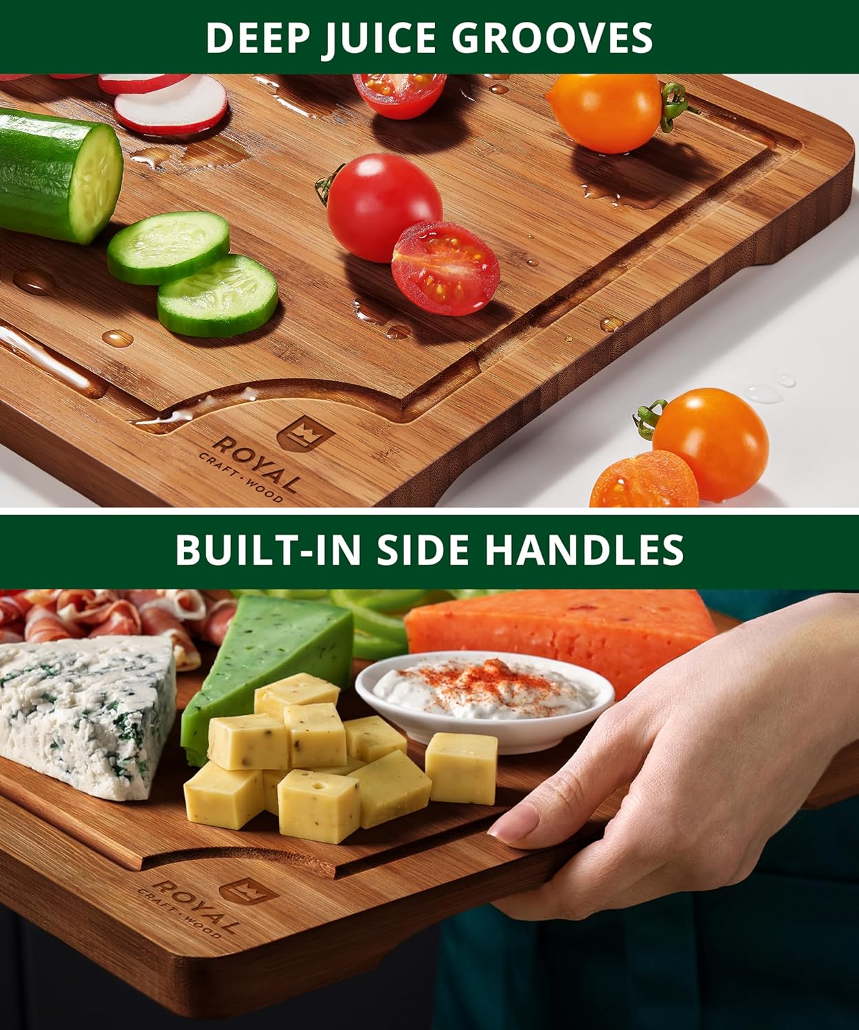 Wooden Cutting Boards for Kitchen Meal Prep & Serving - Non Toxic Bamboo Wood Cutting Board Set with Deep Juice