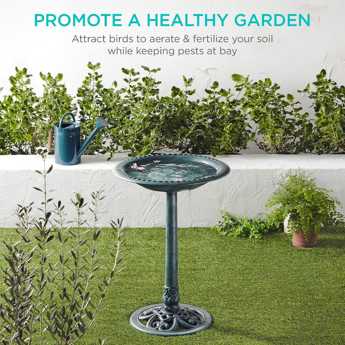 Bird Bath, 28in Outdoor Resin Pedestal - Green