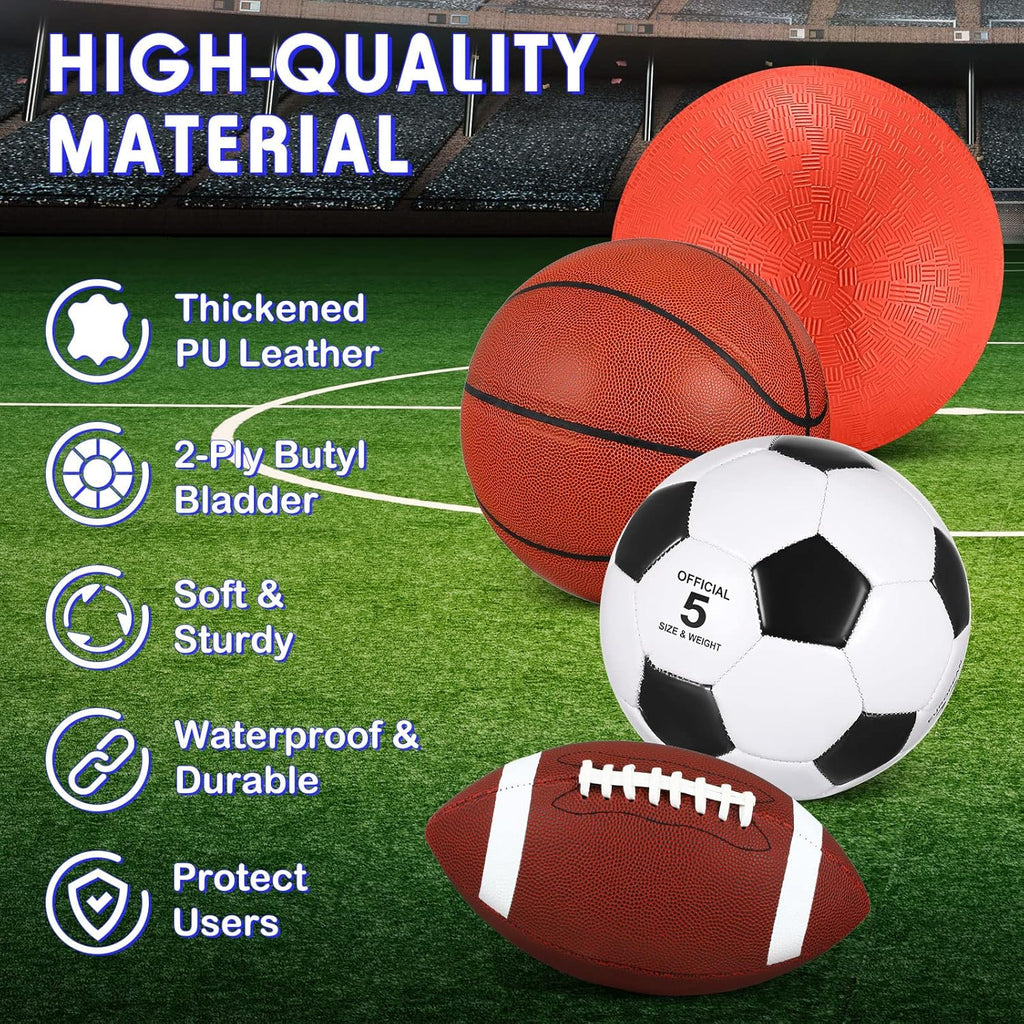 4 Pcs Sports Balls Set for Teen Adult, Include Official Size Basketball Soccer Football Playground Ball Pump