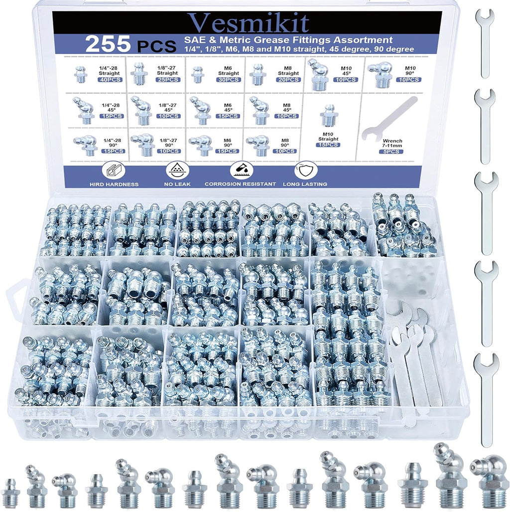 255PCS Grease Fittings Assortment,SAE & Metric Grease Zerk Fittings