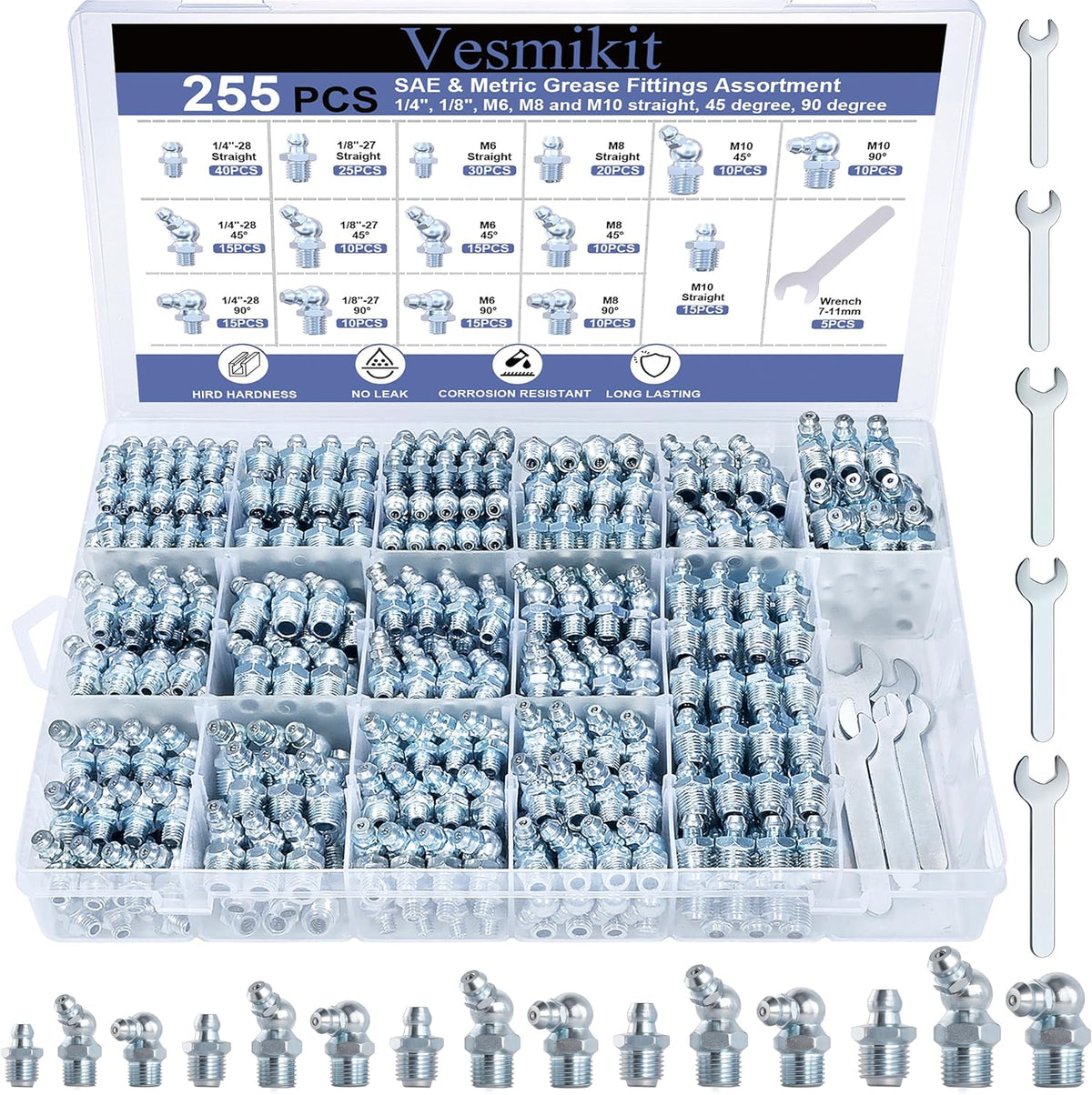 255PCS Grease Fittings Assortment,SAE & Metric Grease Zerk Fittings