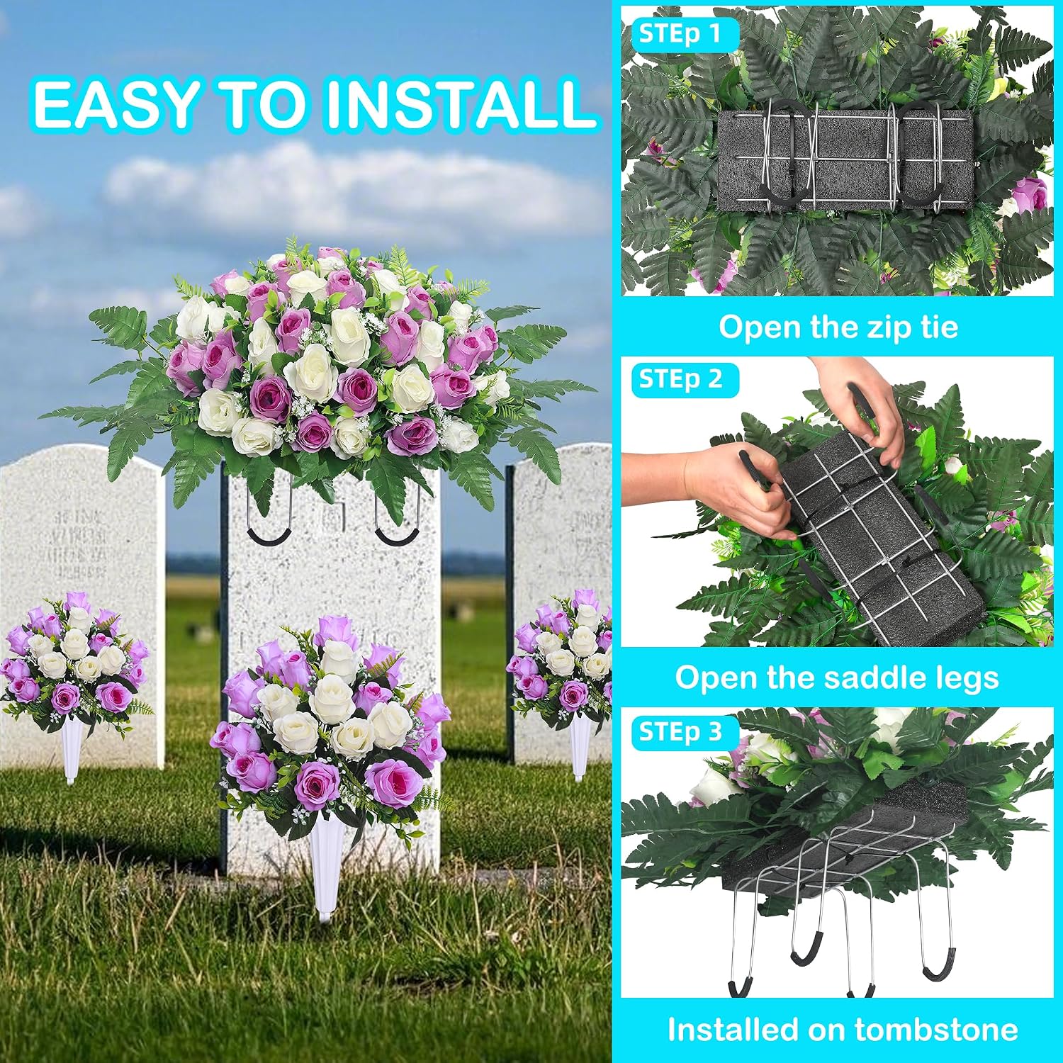 Artificial Cemetery Flower Saddles, Cemetery Memorial Flowers with Vase,Outdoor Grave Saddle Headstone Decorations
