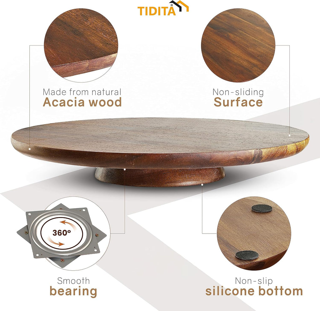 13" Acacia Cake Stand Rotating, Non-Slip Pads, for Sizeable Cakes