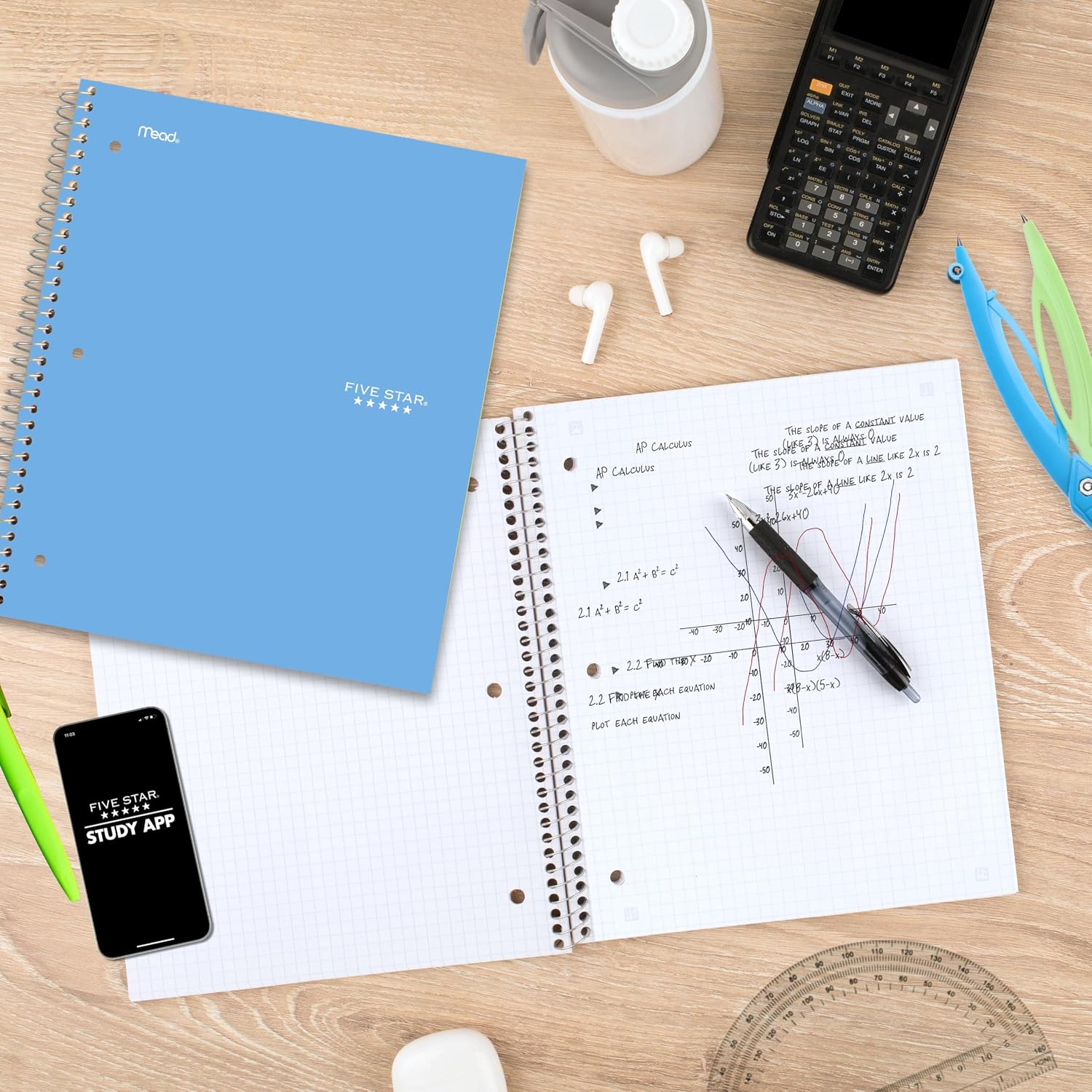 Spiral Notebook + Study App, 1 Subject, Graph Ruled Paper, 8-1/2" x 11", 100 Sheets, Fights Ink Bleed, Water