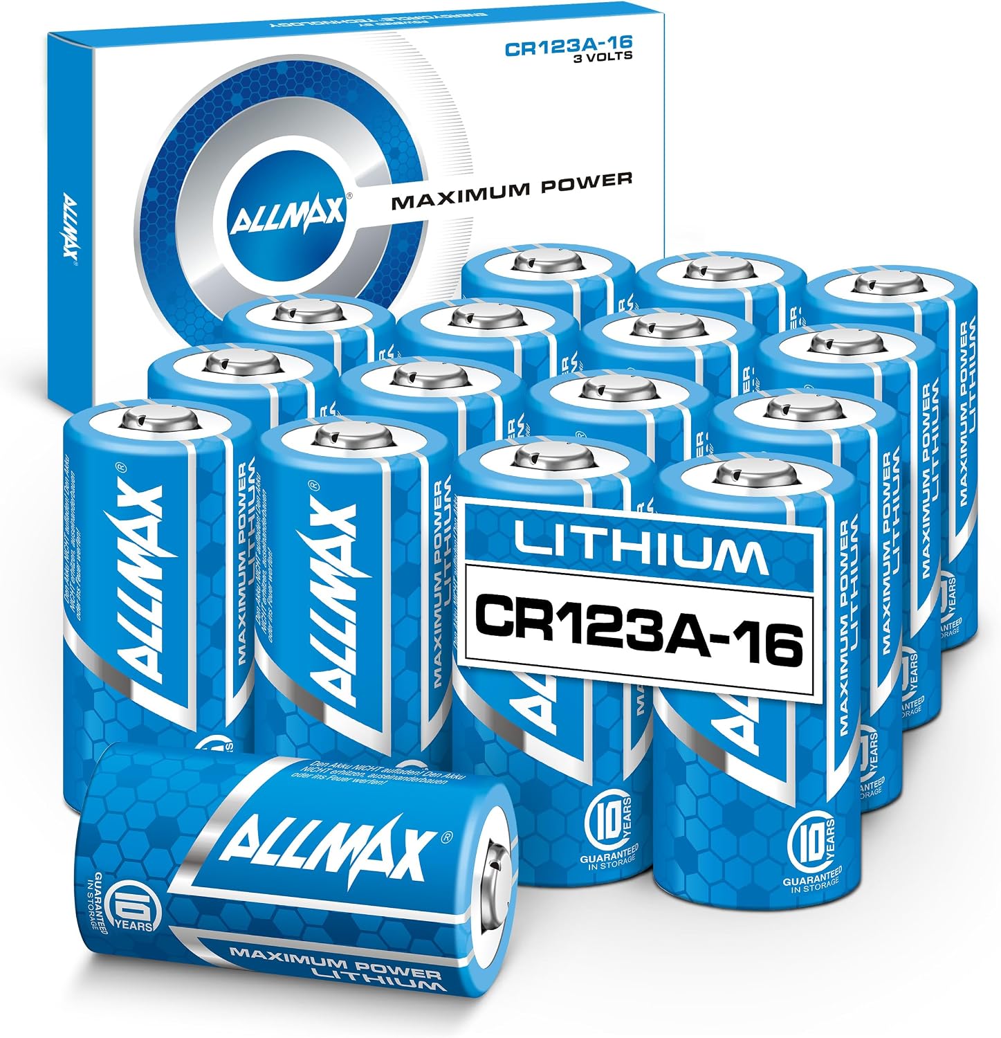 Allmax CR123A Maximum Power Lithium Batteries (16 Count) – 3V | 10-Year Shelf Life • Perfect for Wireless Security