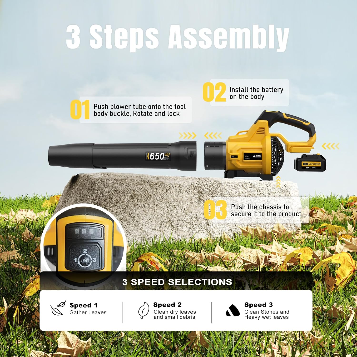 Leaf Blower Cordless, 650CFM & 3 Speed Levels, 1200W Electric Cordless Leaf Blower with 2 x 5.0Ah Batteries & Fast