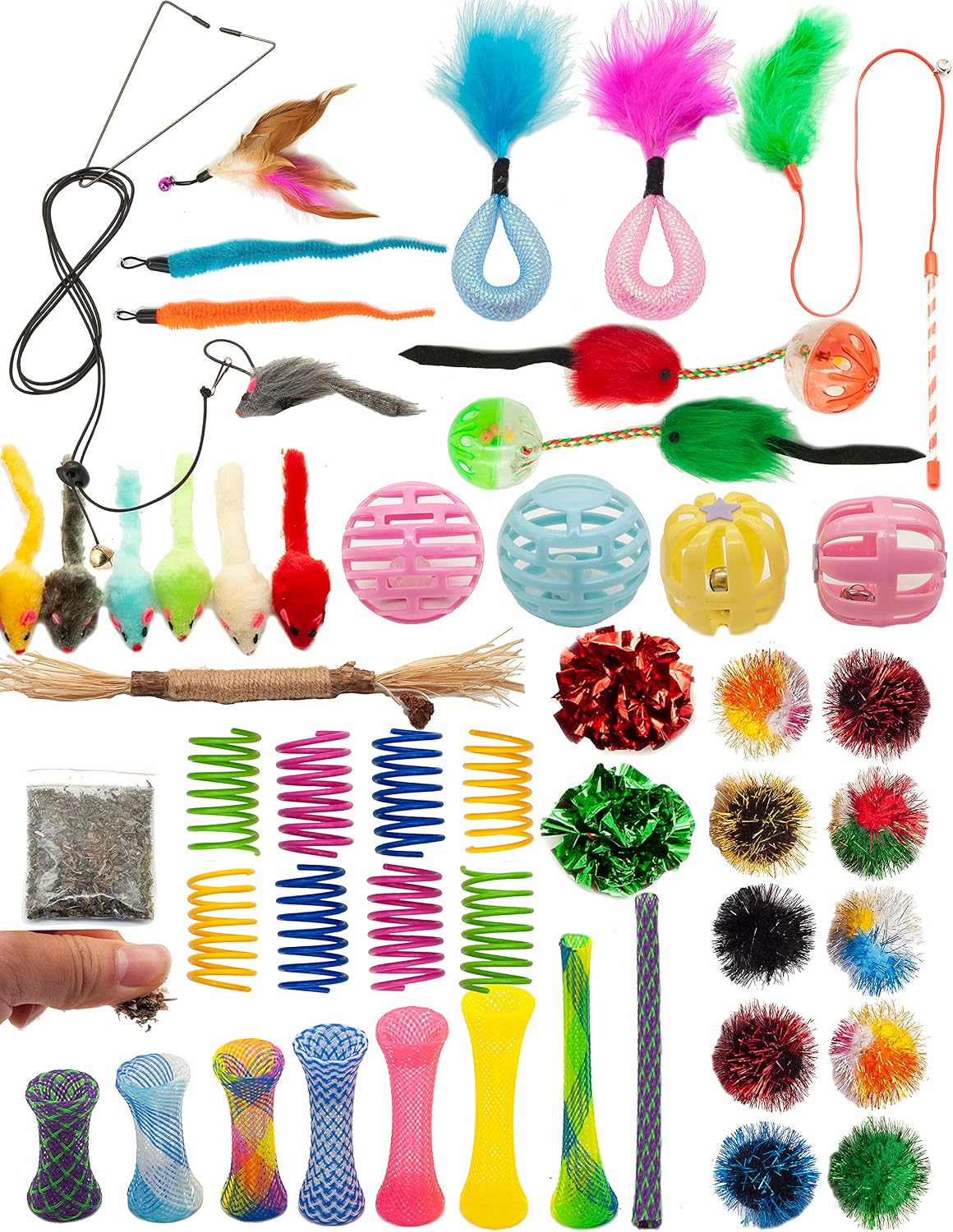 Cat Toys 50 Pcs for Indoor Cats,Interactive Door Hanging Mice Feather Toy Cat Spring Toy Cat Wand Catnip Crinkle