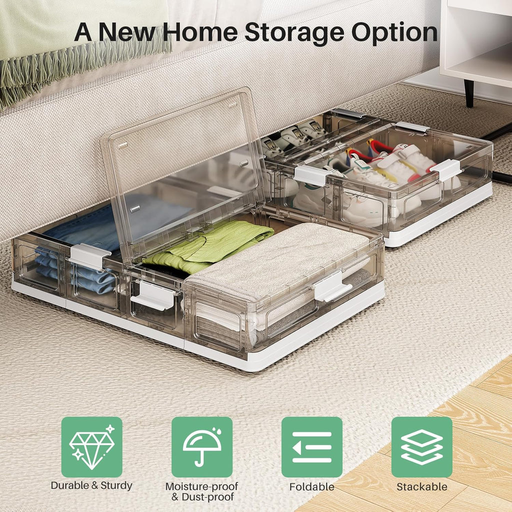 Clear Plastic Under Bed Storage Containers Bins with Lids and 8 Pre-installed Wheels,37.8 Qt, Rolling Foldable Flat