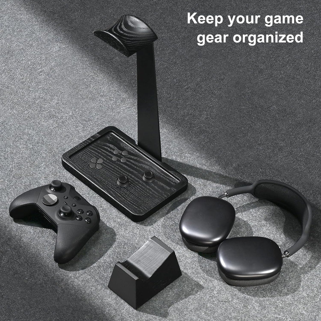 Solid Wood Headphone Stand with Controller Holder for Desk | Natural Solid Wood, Holds 1 Headset & 1 Controller