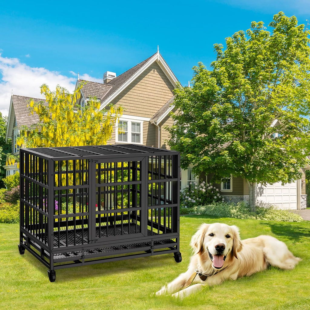 JY QAQA Heavy Duty Dog Crate, 38 Inch Indestructible Metal Kennel with Double Doors, Escape Proof Cage for Large Dogs