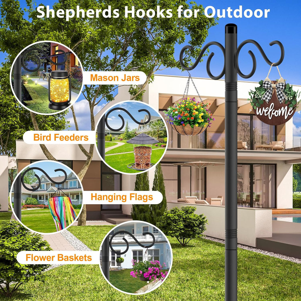 90 Inch 2 Pack Adjustable Shepherds Hooks for Outdoor with 5 Prong Base Heavy Duty Outdoor Garden Shepherds Hooks