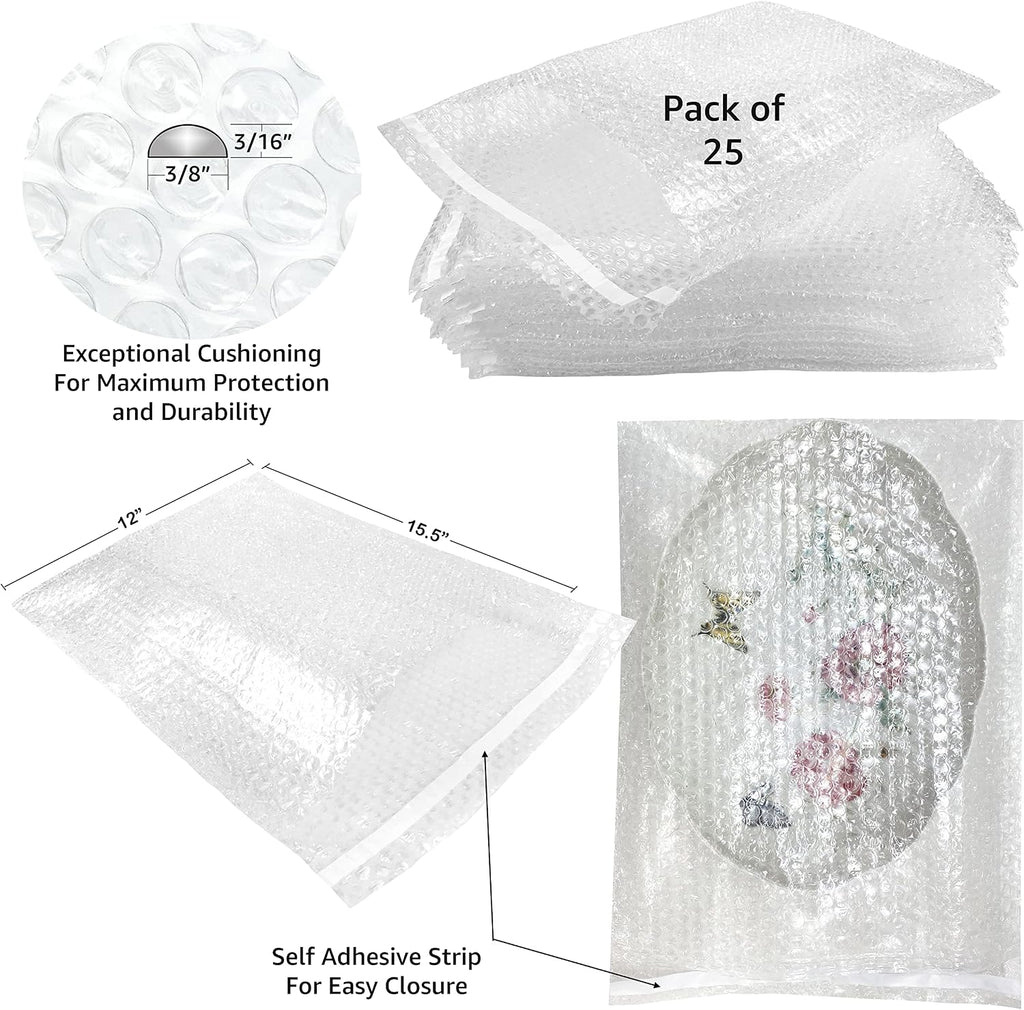 Bubble Out Bags 12" X 15.5" Clear Protective Wrap Cushioning Pouches Self Sealing Pack of 25. Protect Your Delicate