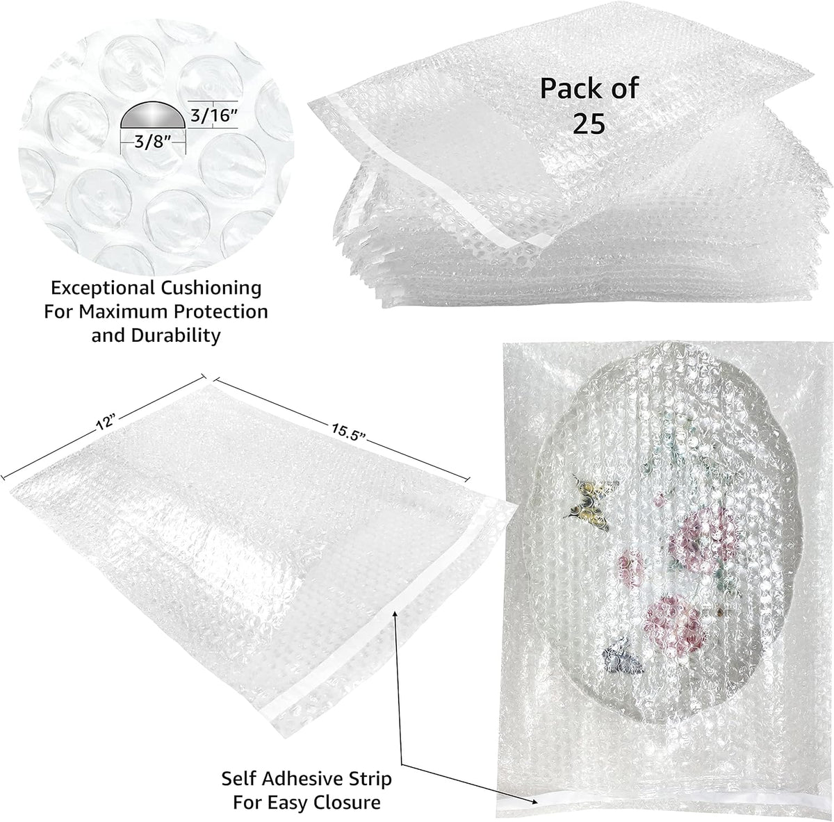 Bubble Out Bags 12" X 15.5" Clear Protective Wrap Cushioning Pouches Self Sealing Pack of 25. Protect Your Delicate
