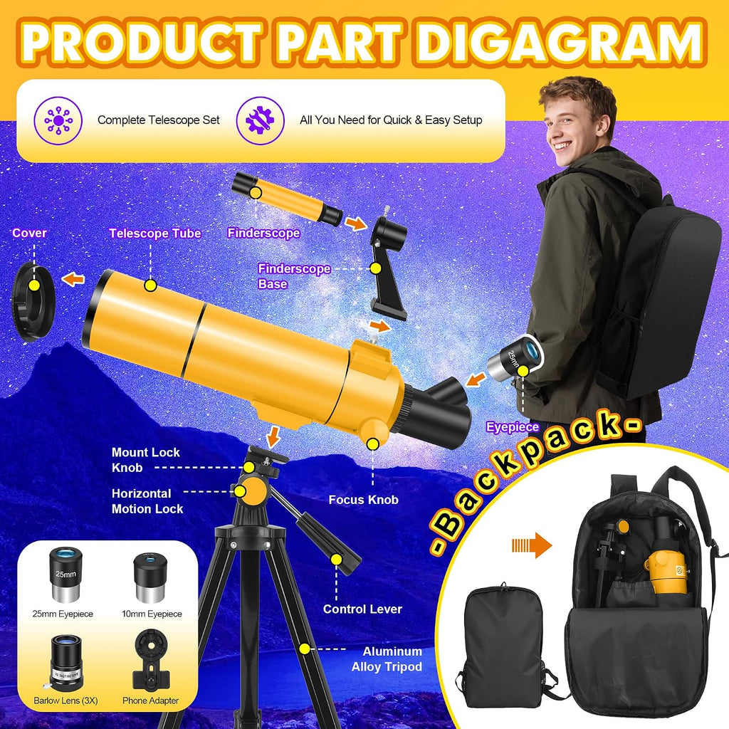 Telescope for Adults & Kids, 80mm Aperture 500mm Refractor | Portable Travel Telescopes