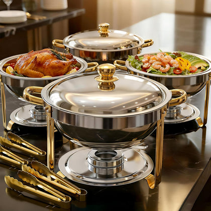 Round Chafing Dishes for Buffet with 4 Serving Tongs, 4 Pack 7QT Chafing Dishes Buffet Set, Golden Stainless Steel