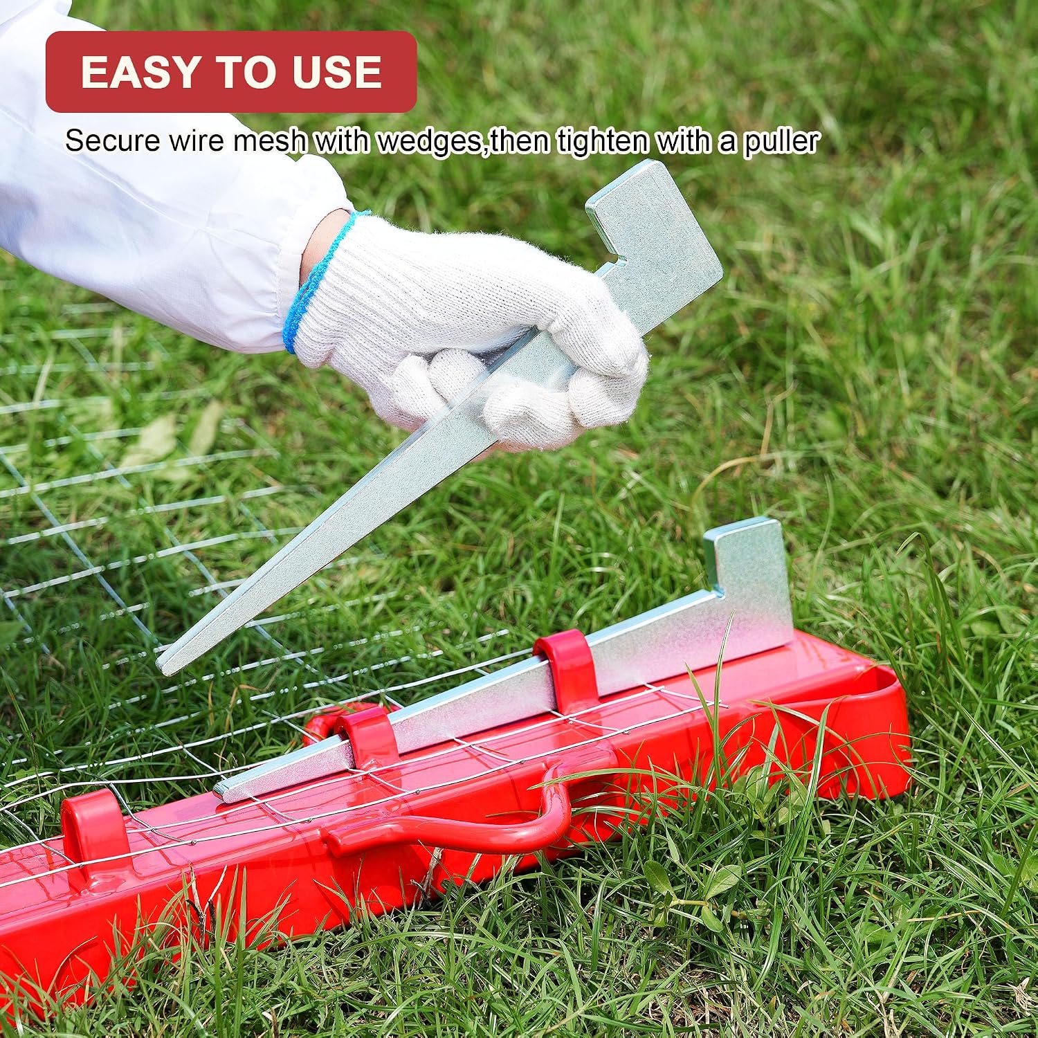 6ft Woven Wire Fence Stretcher Bar with 7 Wedges, Heavy-Duty Carbon Steel Fence Stretcher Tool Wire Puller, Red