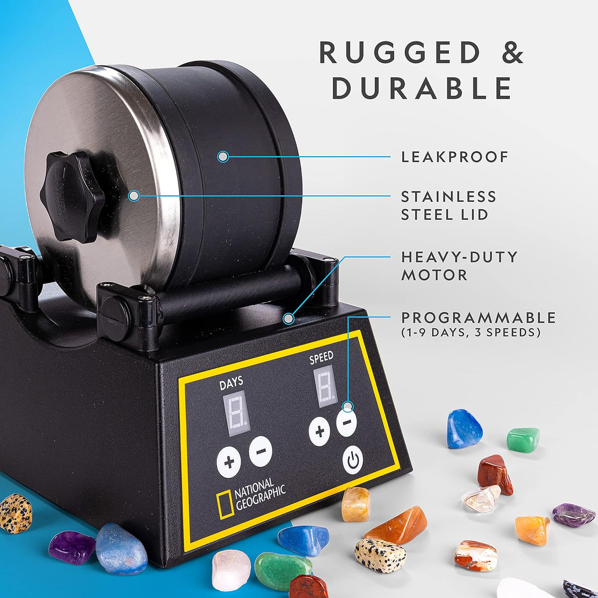 NATIONAL GEOGRAPHIC Professional Rock Tumbler Kit - Complete Rock Tumbler for Adults & Kids with Durable 2 Lb.