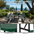 6FT Rectangular Steel Outdoor Picnic Table, Commercial Picnic Table Bench Set with Umbrella Hole, Weather-Resistant