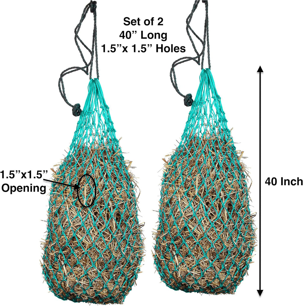 2 pcs Ultra Slow Feed 1.5"x1.5" Holes 40” Hay Net for Horses and livestocks (Turquoise)