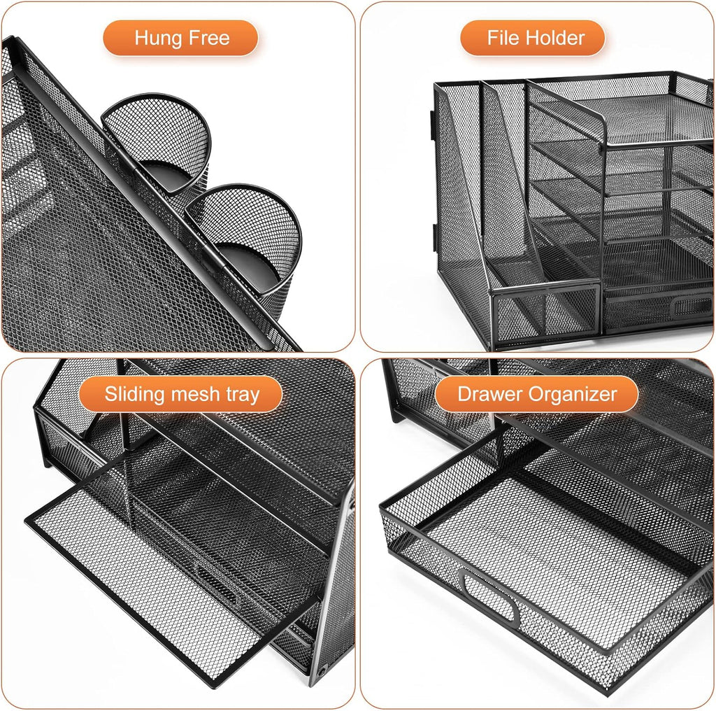 Desk Organizer with File Holder, 5-Tier Paper Letter Tray Organizer with Drawer and 2 Pen Holder, Mesh Desktop