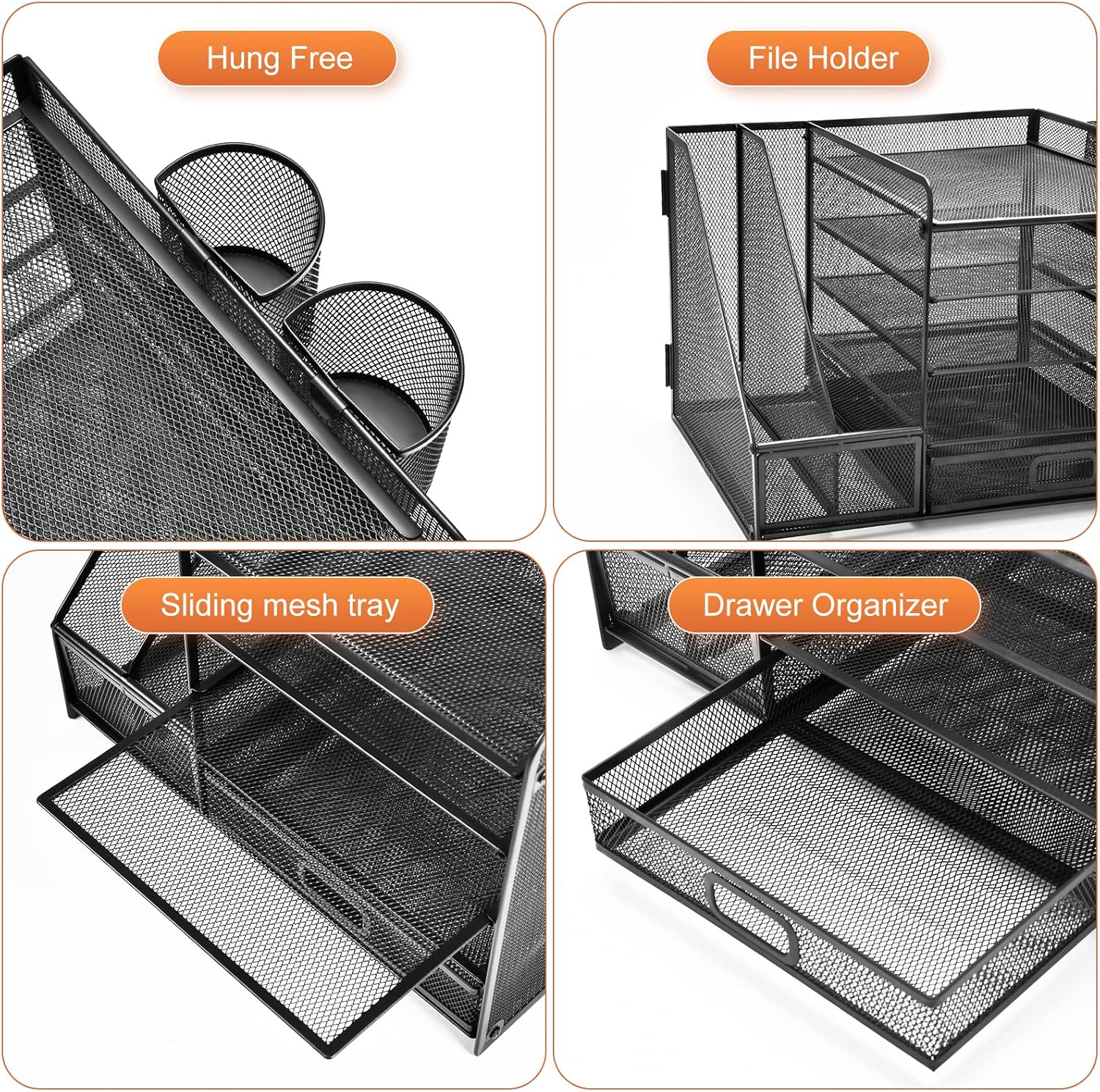 Desk Organizer with File Holder, 5-Tier Paper Letter Tray Organizer with Drawer and 2 Pen Holder, Mesh Desktop