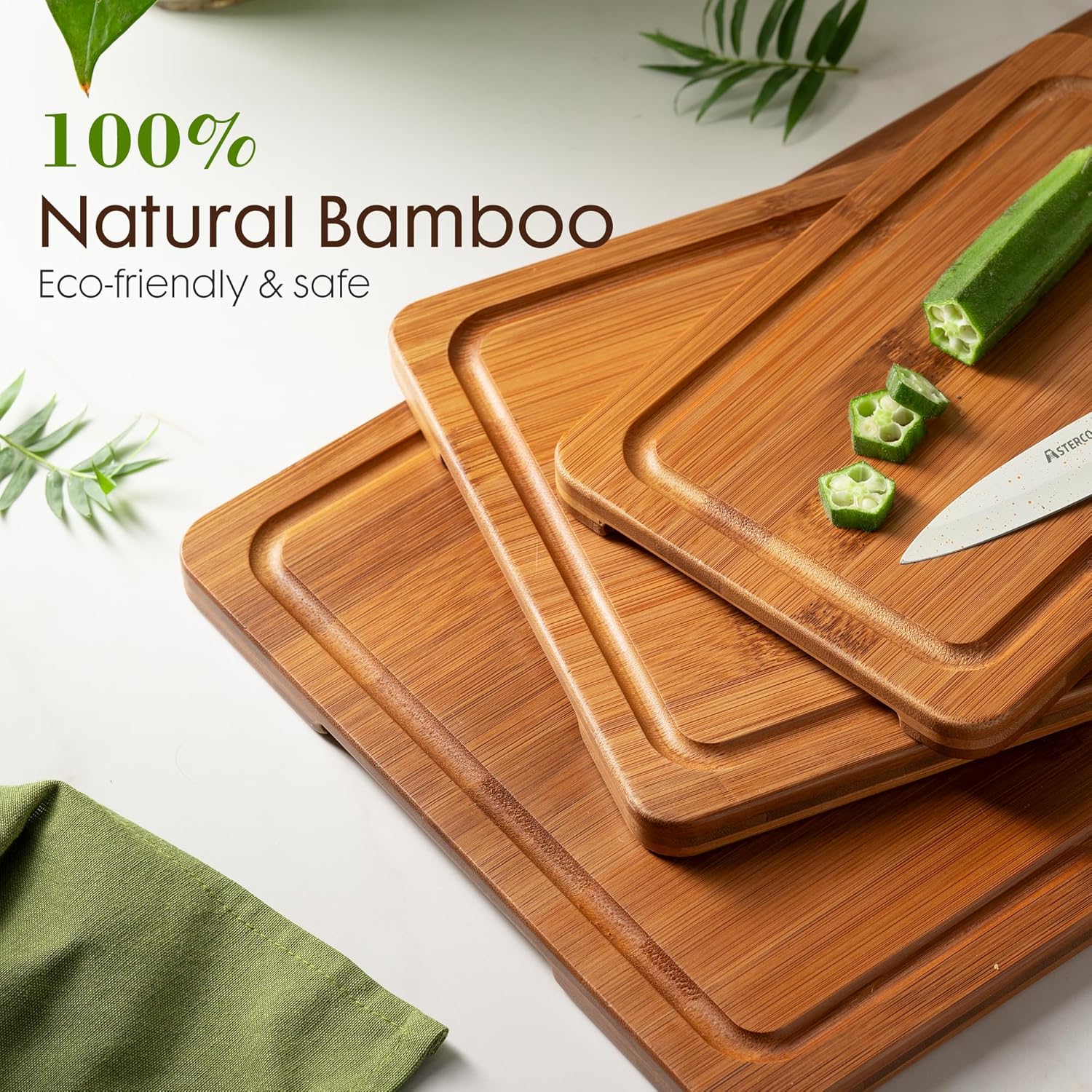 Deep-Carbonized Bamboo Cutting Boards for Kitchen with Wood Storage Stand, Reversible Charcuterie & Chopping Boards