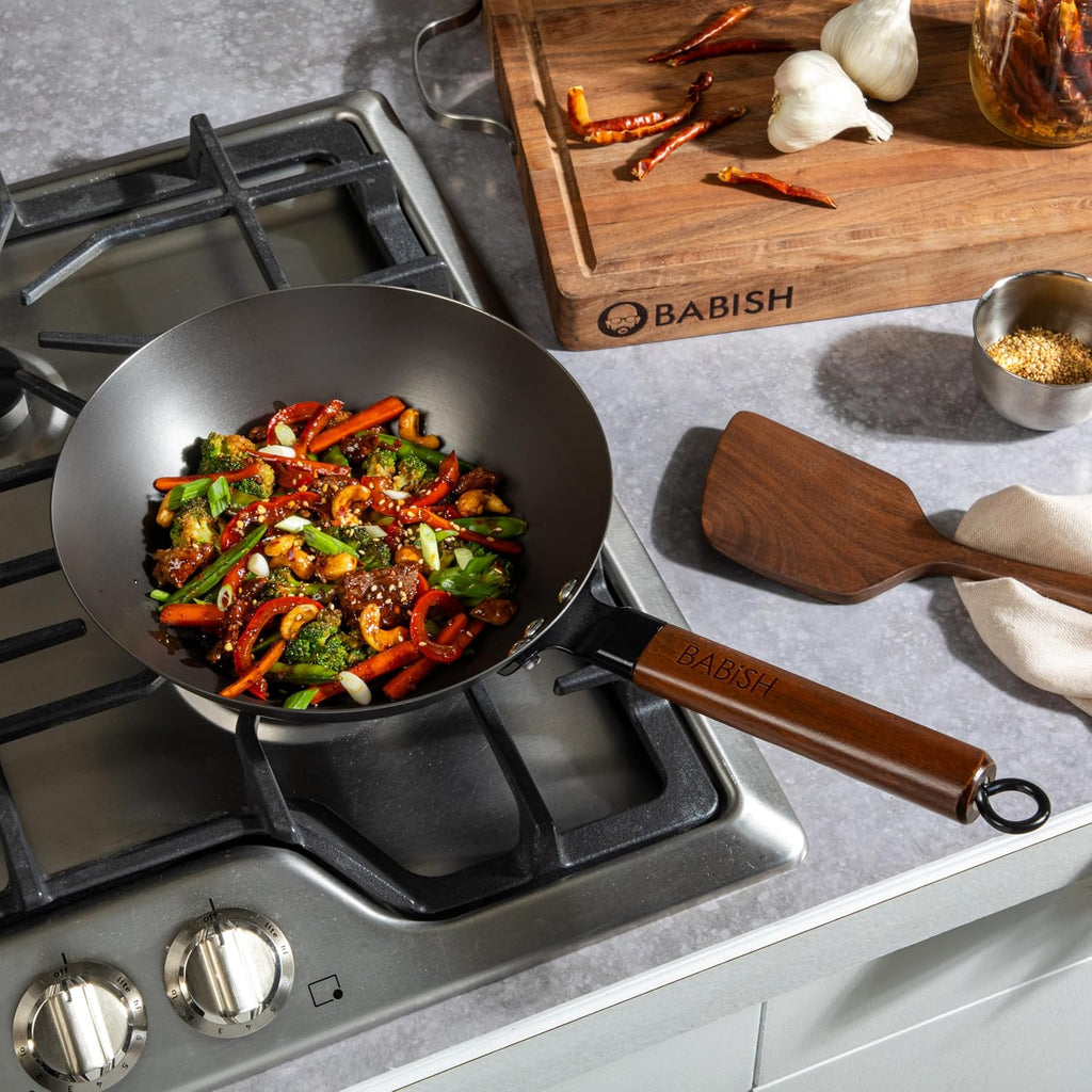 9.5 Inch Carbon Steel Wok Pan, Flat Bottom Stir Fry Pan, Induction