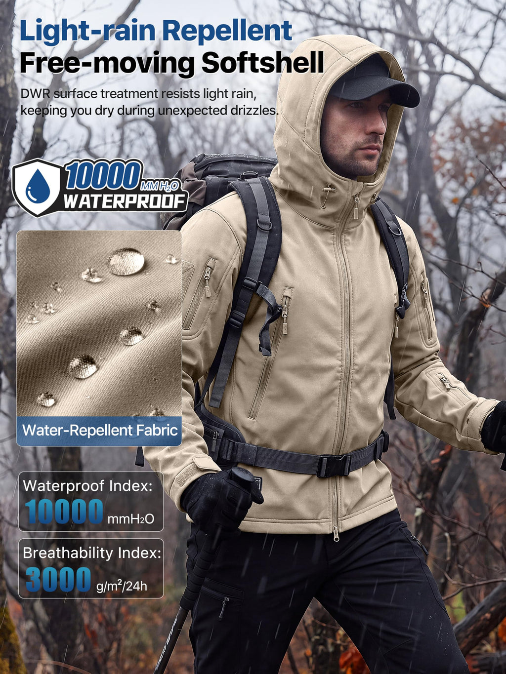 Men's Hooded Waterproof Rain Fleece Lined Softshell Jacket(Khaki,3XL)