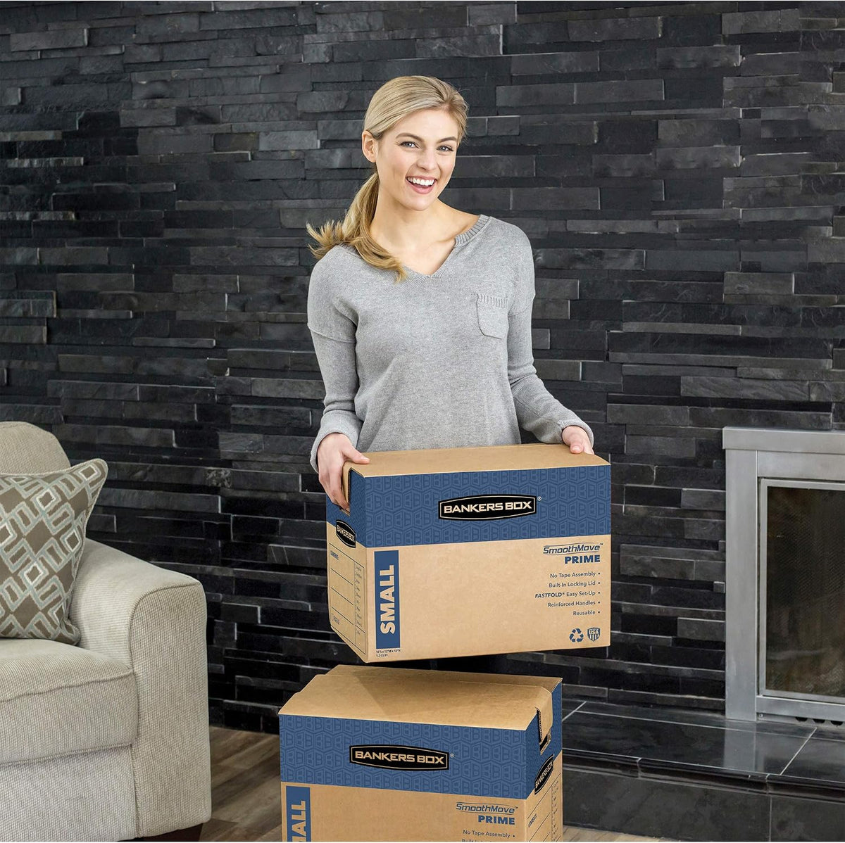 Small Prime Moving Box 5 Pack, Reinforced Handles, Tape-Free Assembly, Attached Lid, 16-in x 12-in x 12-in (8862701)