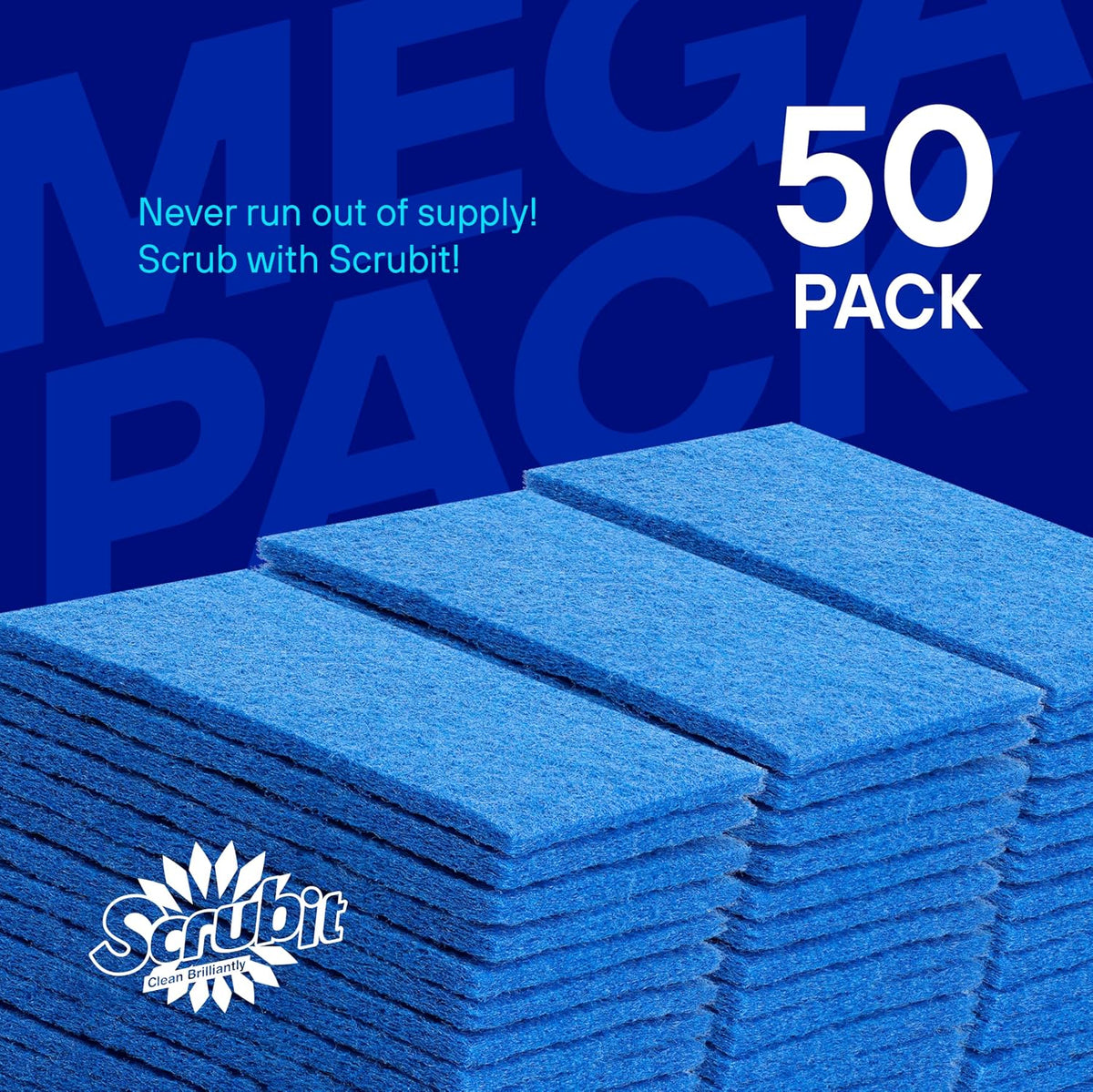 50 Pack Scouring Pad - Heavy Duty Scrub Pads for Cleaning Dishes - Non-Scratch Reusable Scrubbing - Blue