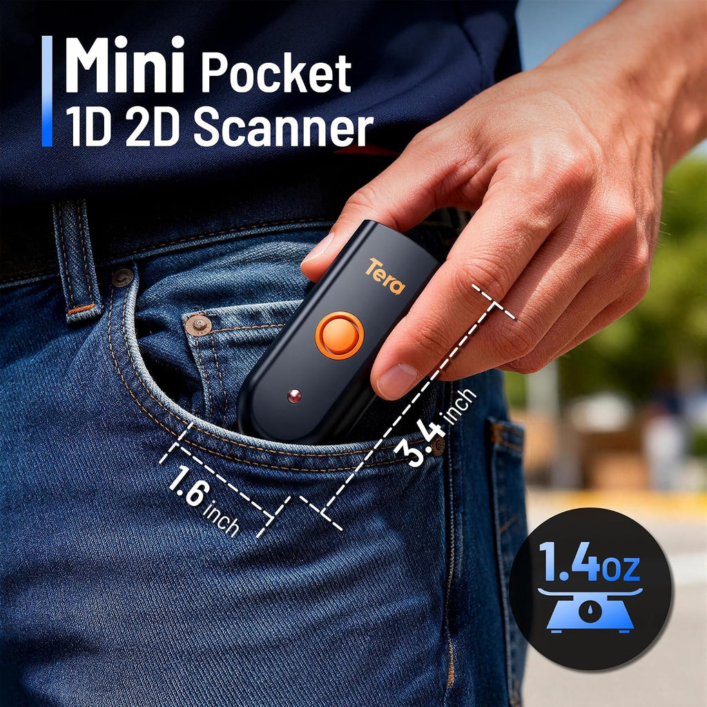 Barcode Scanner 2D Portable Wireless: BT 2.4G USB Pocket Reader, 1200 | IP66, 1.4oz Mini Size, 640*480 CMOS Rolling