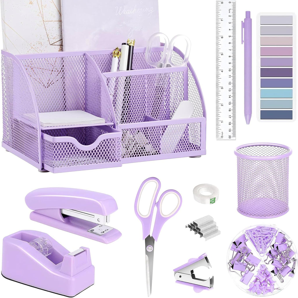 Purple Office Desk Accessories Supplies, 12pcs Desk Organizers and Accessories with Tape dispenser and
