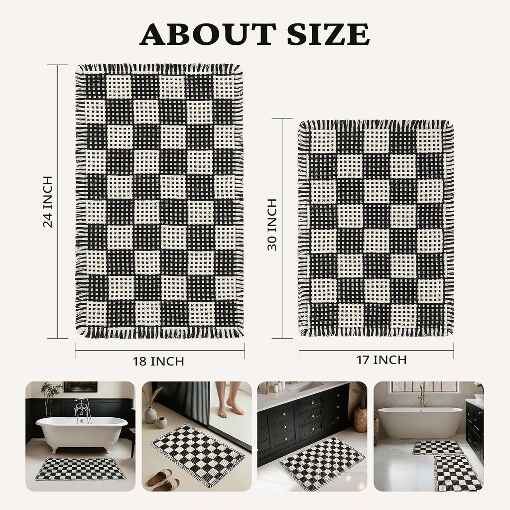 2 Piece Waffle Bathroom Rugs Checkered Bath Mat Set (17"x24" & 18"x30"), Black and White Weave Bathroom Rugs with