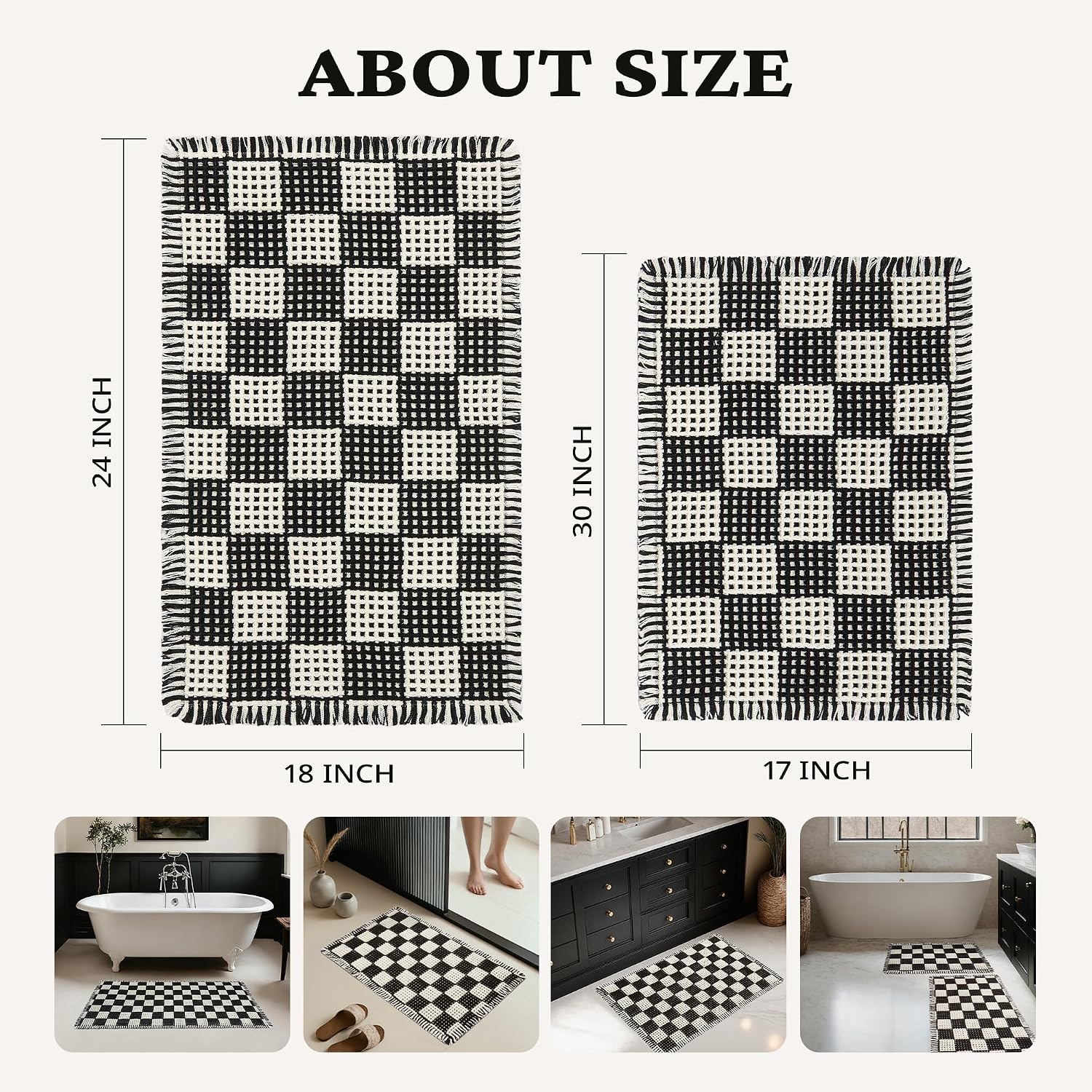 2 Piece Waffle Bathroom Rugs Checkered Bath Mat Set (17"x24" & 18"x30"), Black and White Weave Bathroom Rugs with