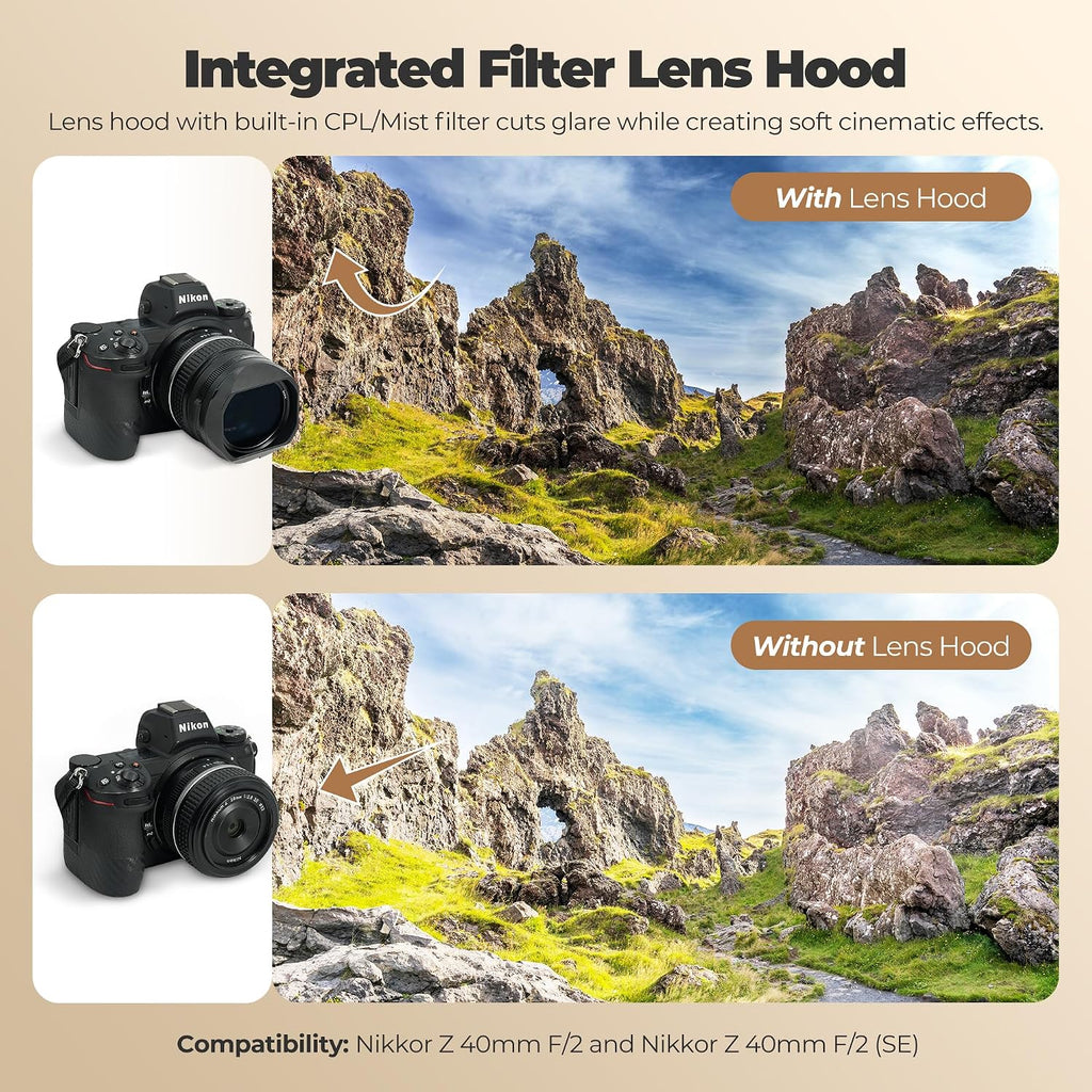 The Real Lens Hood – CPL/Mist Filter, Quick Flip, Touchless Adjustment for Nikon NIKKOR Z 40mm f/2 (Black)