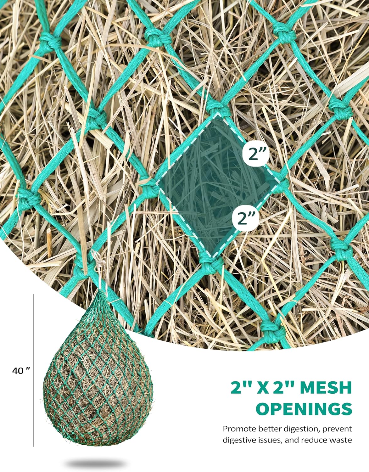 Slow Feed Hay Net for Horses, 40 Inch Hay Bag Holds 1–2 Flakes, 2 Inch Mesh Durable Hanging Feeder for Stable