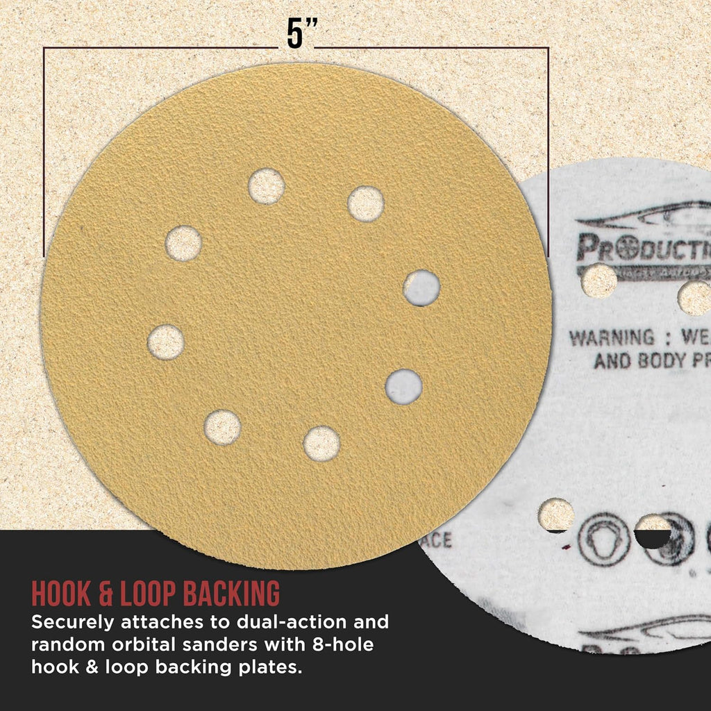 Premium 5" Gold Sanding Discs, 8-Hole Pattern, 100 Disc Variety Pack, Grits 60, 80, 100, 120, 150, 180, 220, 320
